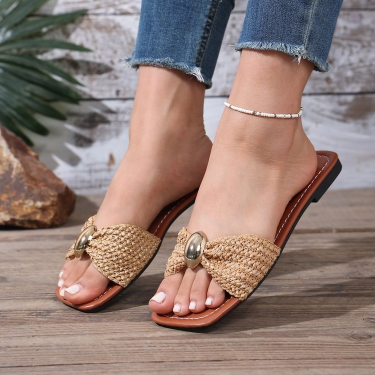 π₯ SUMMER SALE π₯ Women's Raffia Woven Slide Sandals, Boho Gold Accent Flat Slippers | Beach-Ready Must-Have! βοΈ