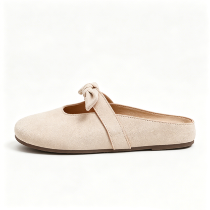 Sweet Bow Suede Backless Mules | Minimalist Round Toe Flat Slides for Summer