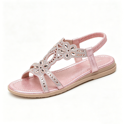 Women's Rhinestone Flower Flat Sandals, Elastic Back Strap Bohemian Summer Sandals Multi-Color Sparkly Open-Toe Shoes