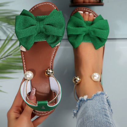 Women's Summer New Style Metal Buckle Single-Strap Flat Sandals with Bowknot and Pearl Versatile Casual Beach Sandals