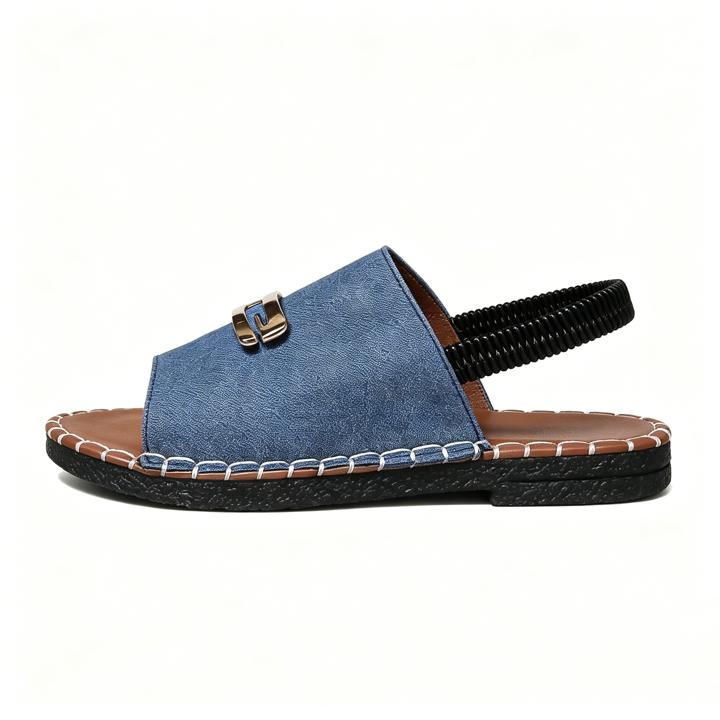 Women's Denim Flat Sandals, Elastic Back Strap with Gold Buckle, Casual Summer Slip-On Sandals