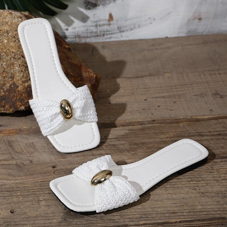 🔥 SUMMER SALE 🔥 Women's Raffia Woven Slide Sandals, Boho Gold Accent Flat Slippers | Beach-Ready Must-Have! ☀️