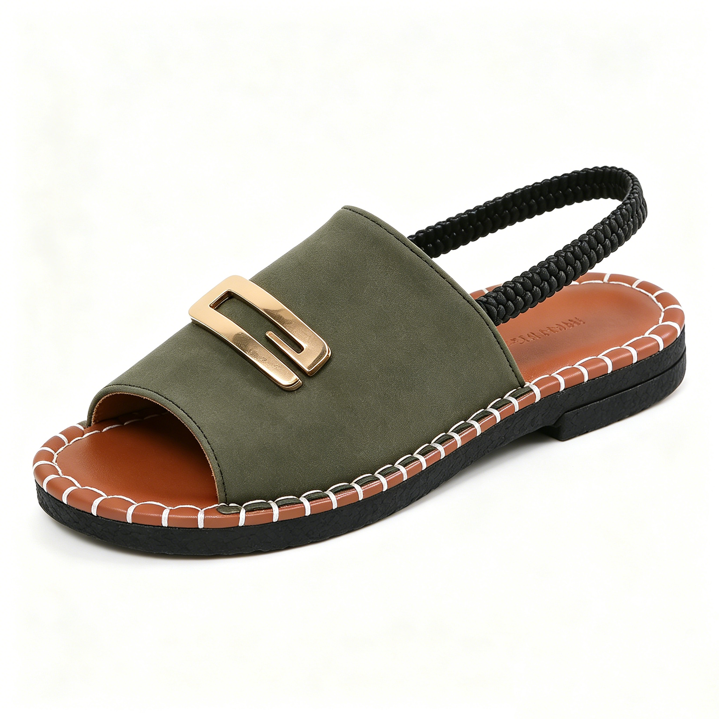 Women's Denim Flat Sandals, Elastic Back Strap with Gold Buckle, Casual Summer Slip-On Sandals