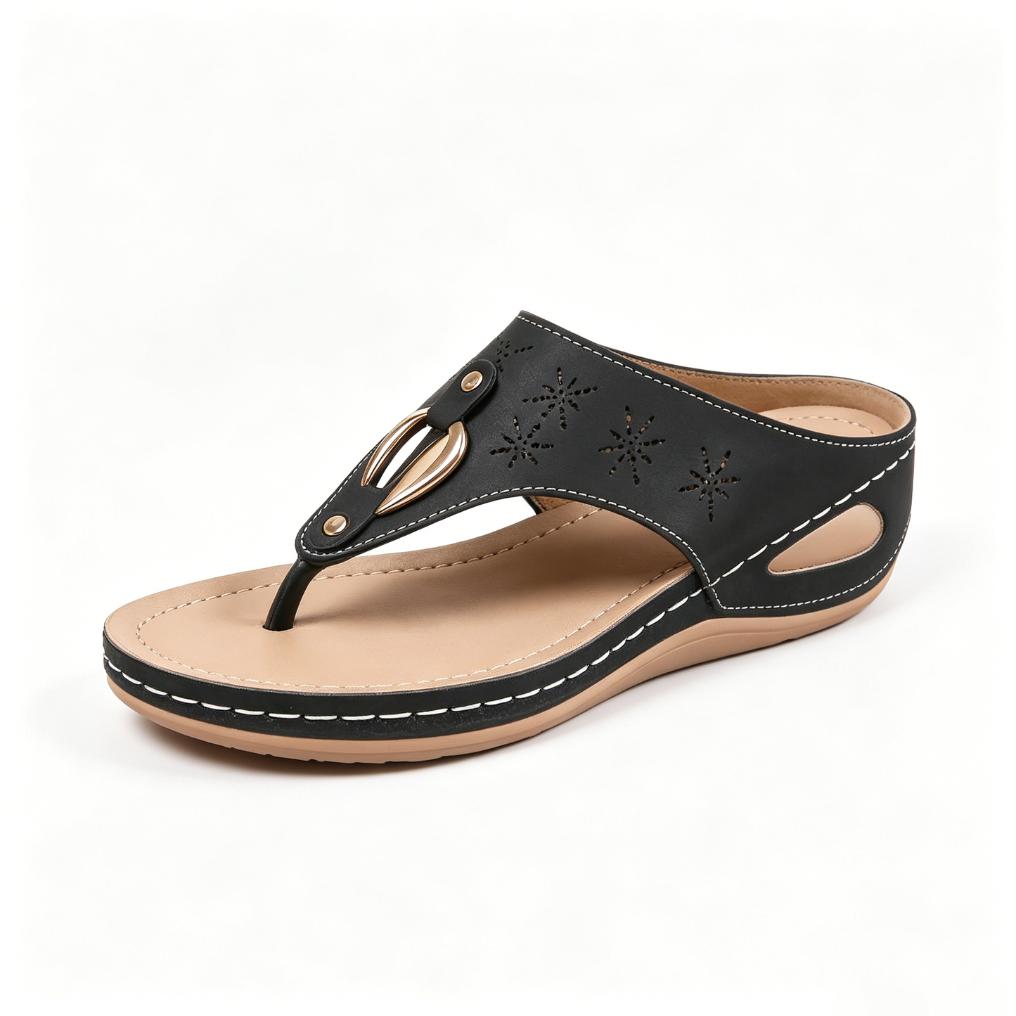 Boho Stitched Comfort Wedge Flip Flops, All-Day Cushioned Beach Footwear