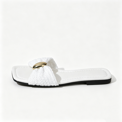 🔥 SUMMER SALE 🔥 Women's Raffia Woven Slide Sandals, Boho Gold Accent Flat Slippers | Beach-Ready Must-Have! ☀️