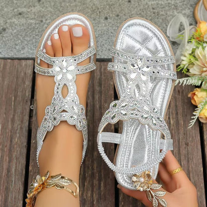 Women's Rhinestone Flower Flat Sandals, Elastic Back Strap Bohemian Summer Sandals Multi-Color Sparkly Open-Toe Shoes
