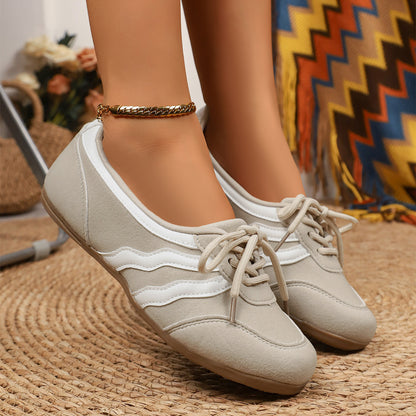 Women's Retro Lace-Up Ballet Sneakers, Black & White Stripe Casual Flat Shoes, Lightweight Comfortable Daily Wear Footwear