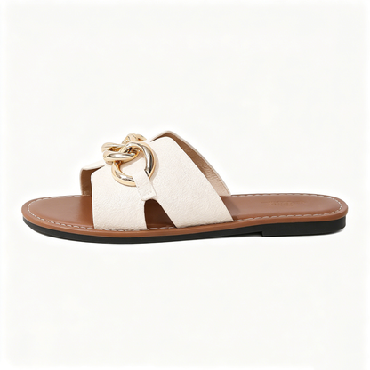 Minimalist Open Toe Metal Chain Flat Slides Beach Walking Sandals for Ladies
