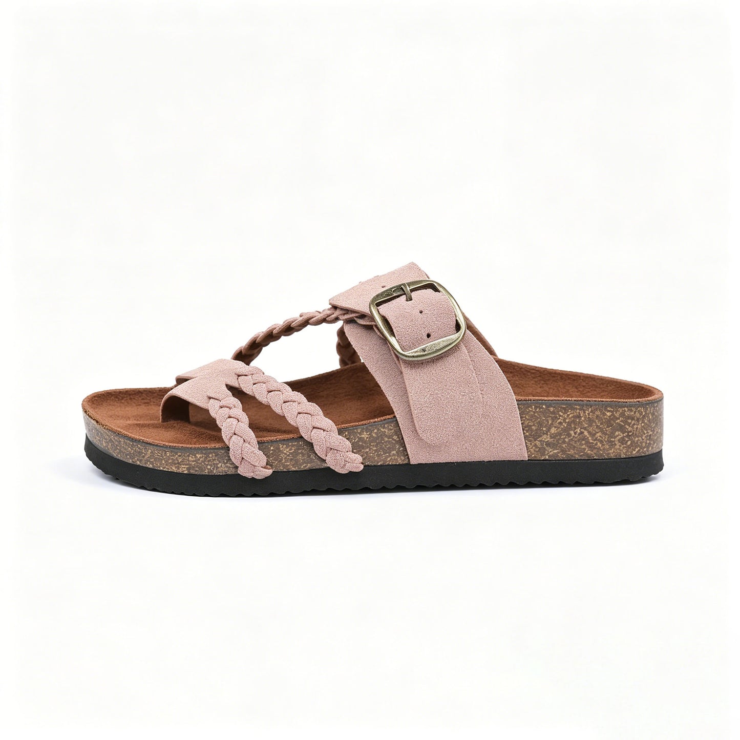 Women's Braided Leather Cork Footbed Sandals, Adjustable Buckle, Arch Support Orthopedic Slides