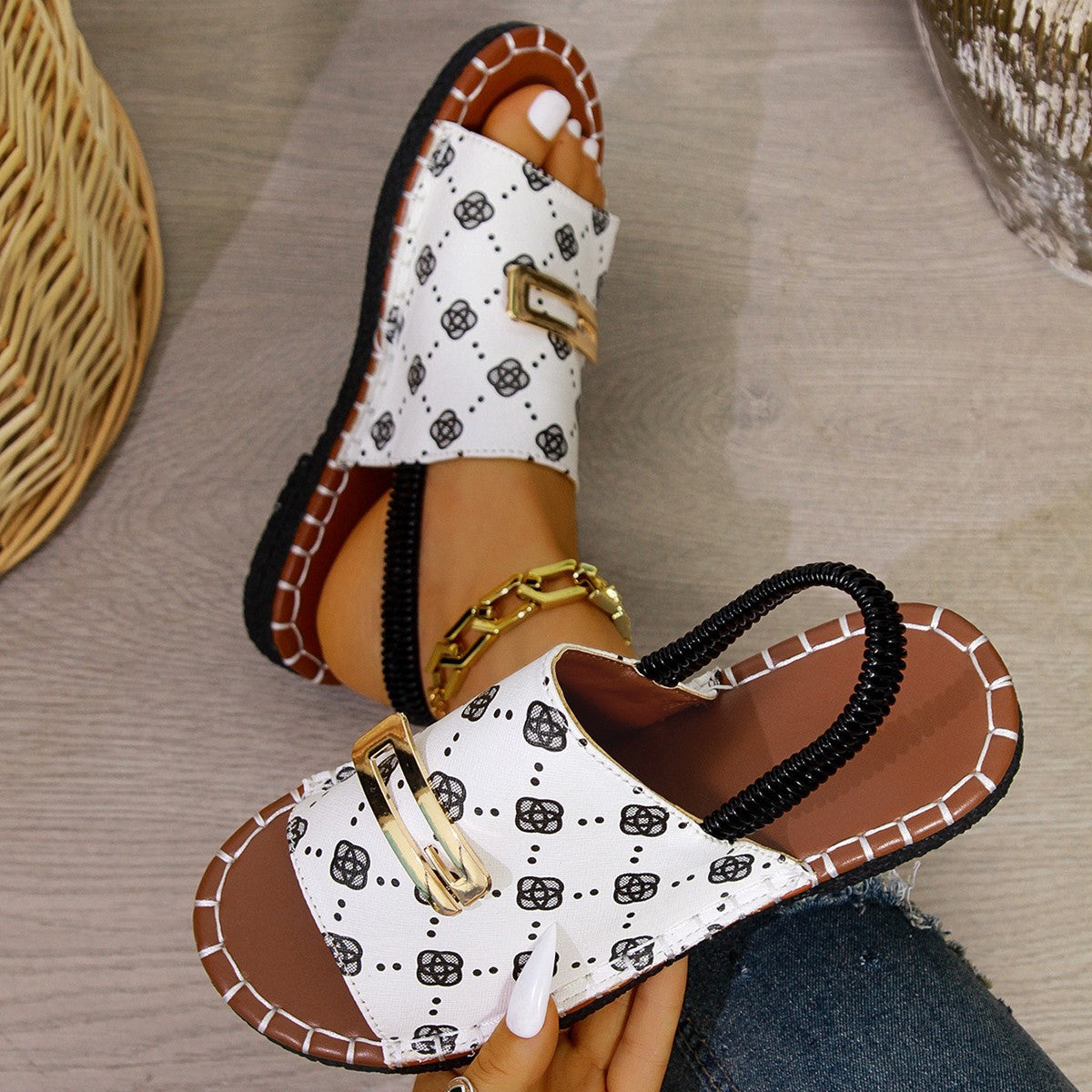 Women's Denim Flat Sandals, Elastic Back Strap with Gold Buckle, Casual Summer Slip-On Sandals