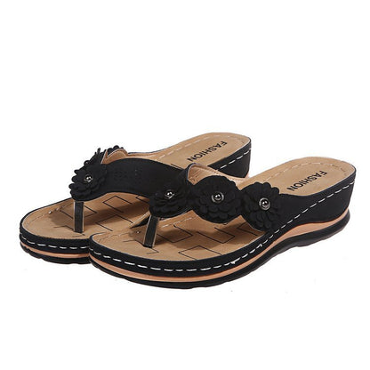 Women's Pink Floral Wedge Flip Flops, Bohemian 3D Flower Comfort Low Wedge Sandals, Casual Summer Beach Slides