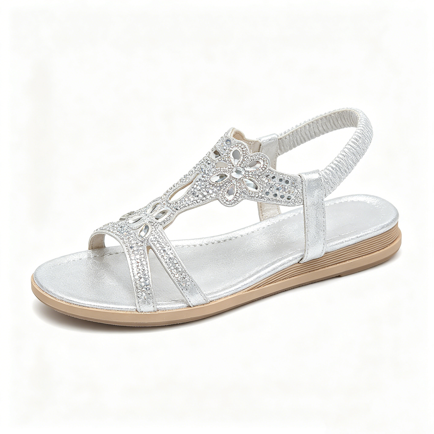 Women's Rhinestone Flower Flat Sandals, Elastic Back Strap Bohemian Summer Sandals Multi-Color Sparkly Open-Toe Shoes