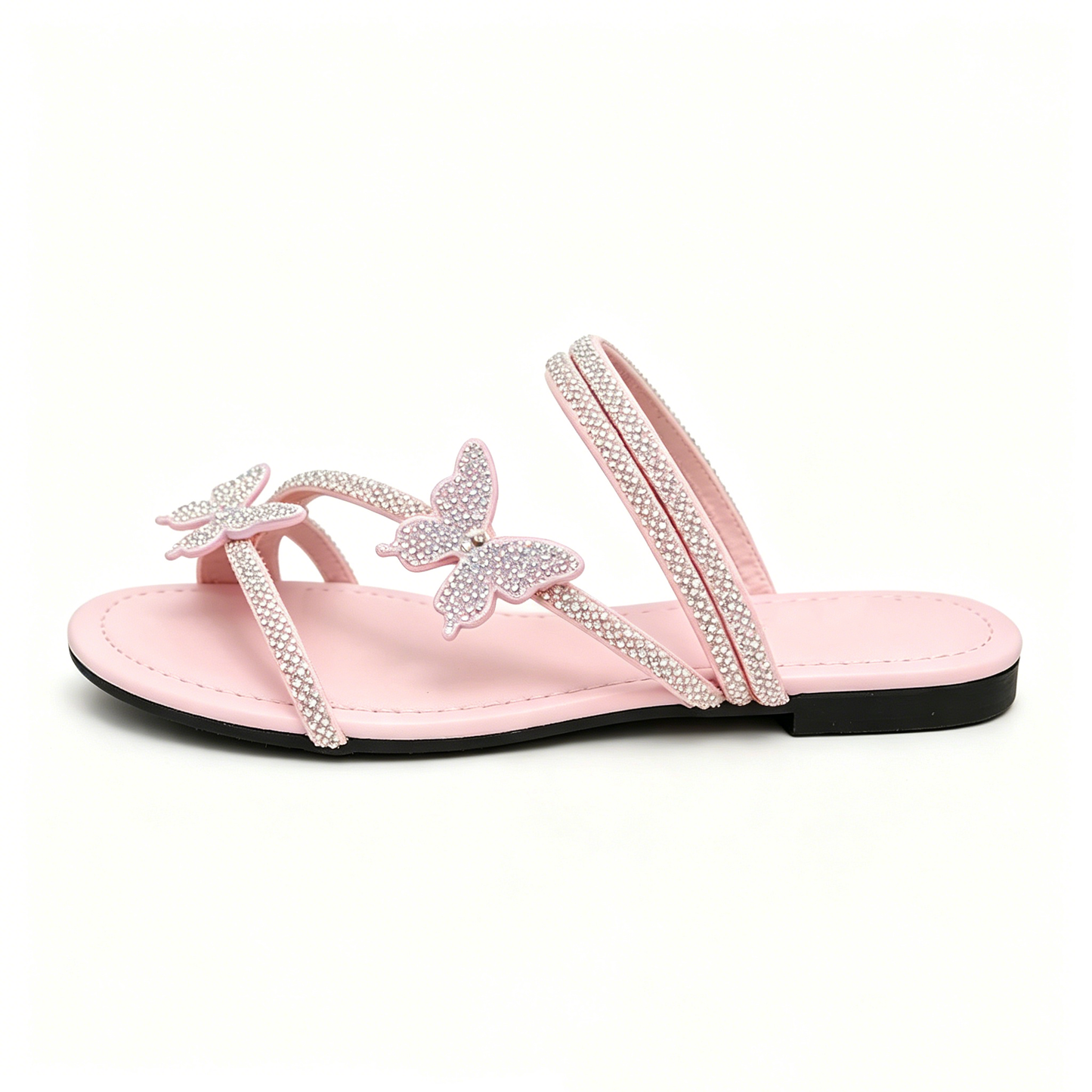 Women's Rhinestone Butterfly Slide Sandals, Shiny Crystal Flat Slippers, Glamorous Summer Open-Toe Sandals