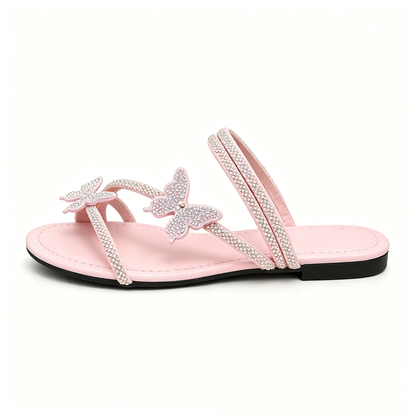 Women's Rhinestone Butterfly Slide Sandals, Shiny Crystal Flat Slippers, Glamorous Summer Open-Toe Sandals
