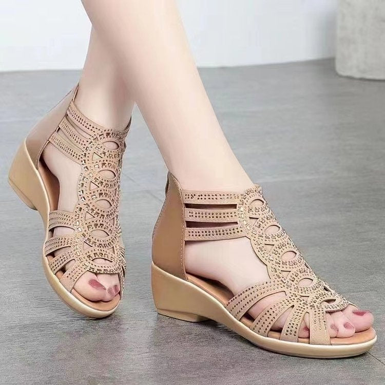 Comfortable Nude Hollow-out Wedge Sandals for Daily Casual Wear
