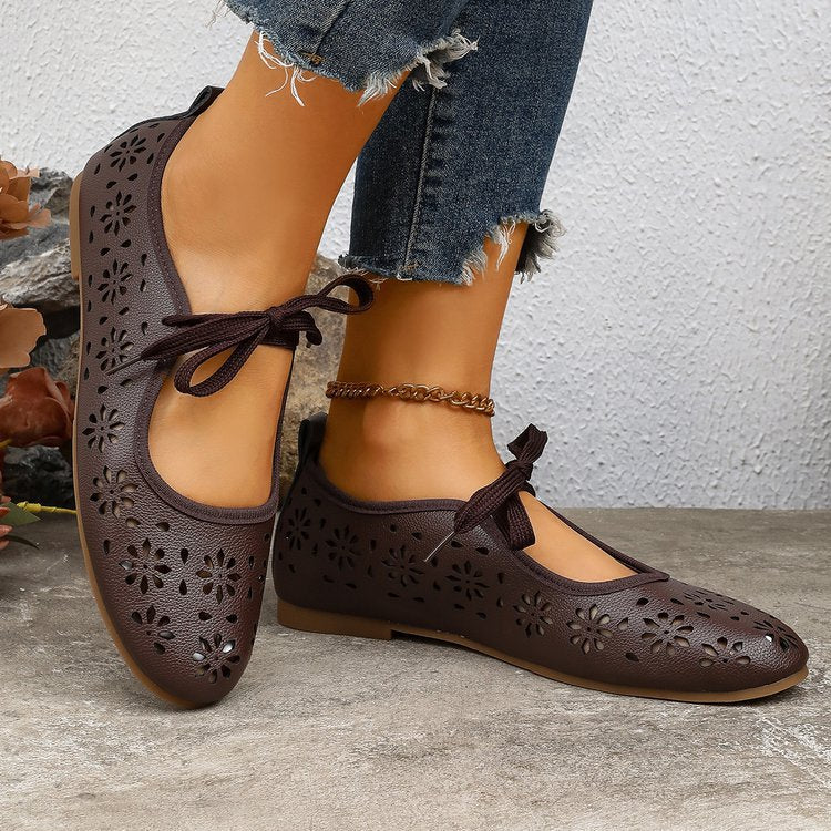 Ladies Breathable Perforated Floral Flat Shoes Casual Walking Daily Footwear
