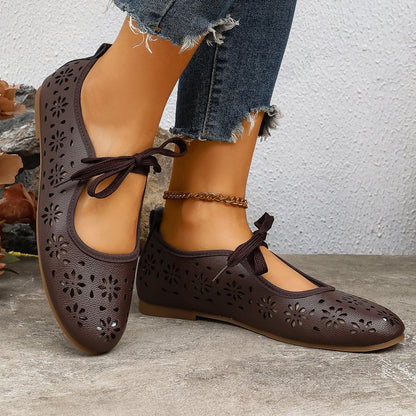 Ladies Breathable Perforated Floral Flat Shoes Casual Walking Daily Footwear