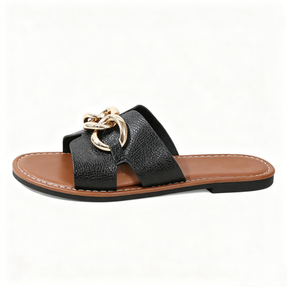 Minimalist Open Toe Metal Chain Flat Slides Beach Walking Sandals for Ladies