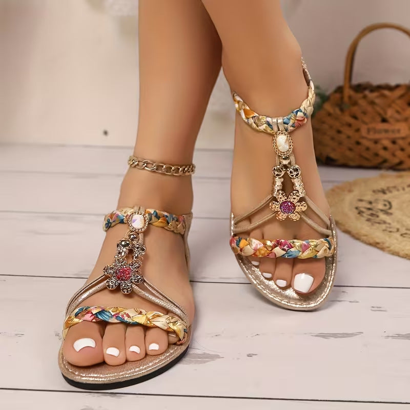 Bohemian Bead T-Strap Flat Sandals with Built-In Arch Support & Slip-On Convenience