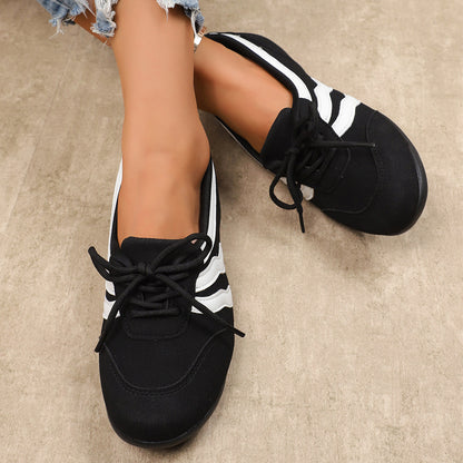 Women's Retro Lace-Up Ballet Sneakers, Black & White Stripe Casual Flat Shoes, Lightweight Comfortable Daily Wear Footwear
