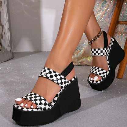 Bootara Women’s Livia Checkered Platform Sandals – Chunky Heel Breathable Casual Summer Shoes