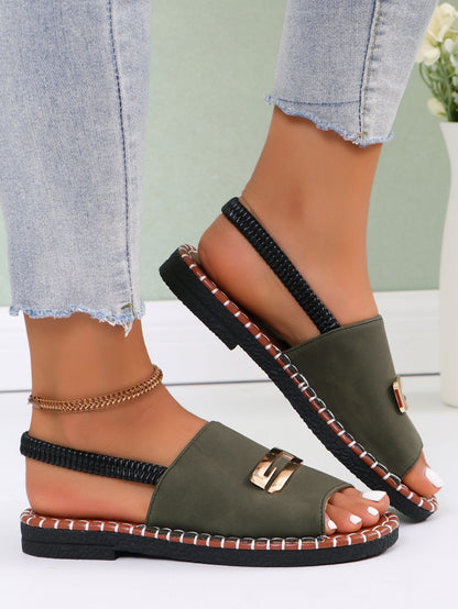 Women's Denim Flat Sandals, Elastic Back Strap with Gold Buckle, Casual Summer Slip-On Sandals