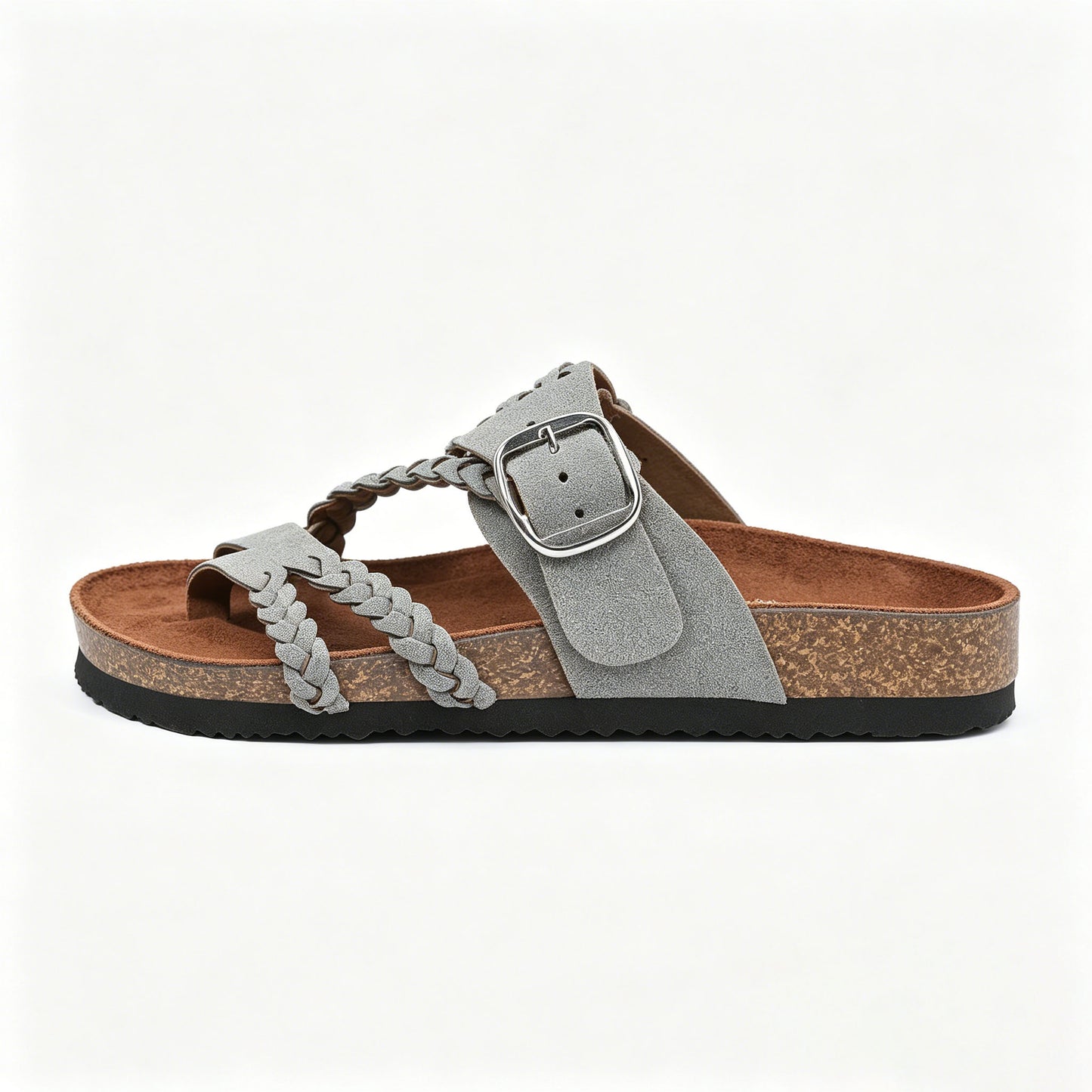 Women's Braided Leather Cork Footbed Sandals, Adjustable Buckle, Arch Support Orthopedic Slides