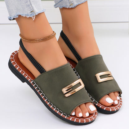Women's Denim Flat Sandals, Elastic Back Strap with Gold Buckle, Casual Summer Slip-On Sandals