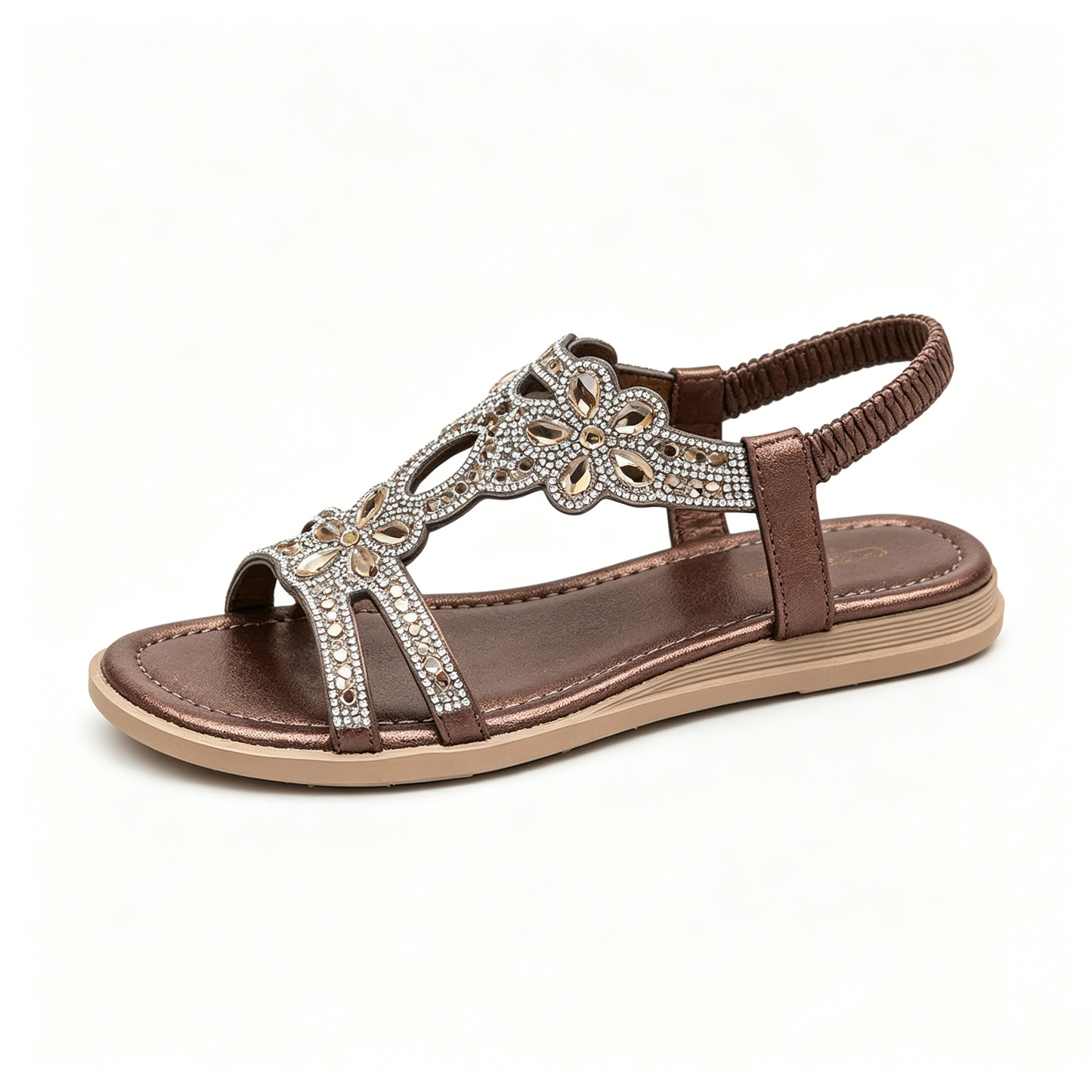Women's Rhinestone Flower Flat Sandals, Elastic Back Strap Bohemian Summer Sandals Multi-Color Sparkly Open-Toe Shoes