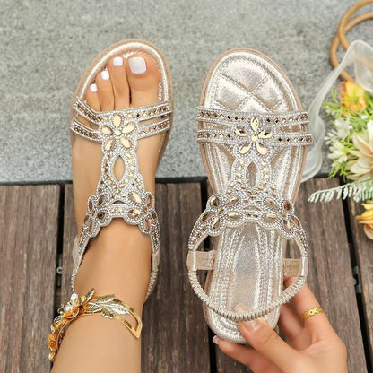 Women's Rhinestone Flower Flat Sandals, Elastic Back Strap Bohemian Summer Sandals Multi-Color Sparkly Open-Toe Shoes