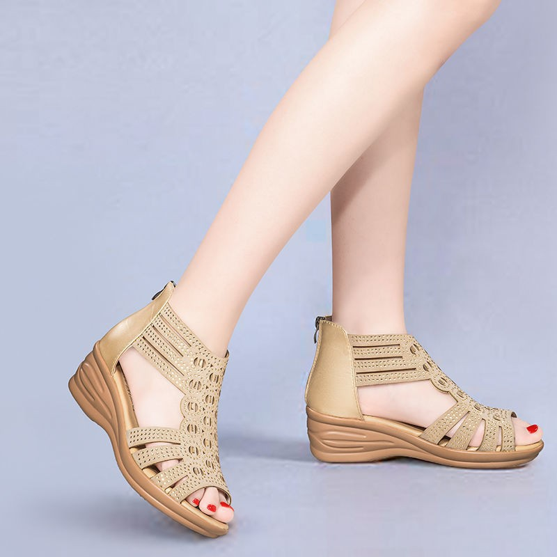 2026 Summer New Roman Style Rhinestone Peep-toe Wedge Heel Sandals for Middle-aged Women