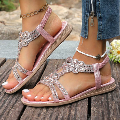 Women's Rhinestone Flower Flat Sandals, Elastic Back Strap Bohemian Summer Sandals Multi-Color Sparkly Open-Toe Shoes
