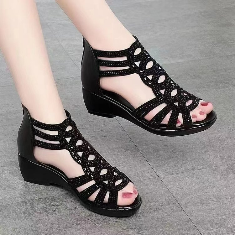 2026 Summer New Roman Style Rhinestone Peep-toe Wedge Heel Sandals for Middle-aged Women