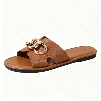 Minimalist Open Toe Metal Chain Flat Slides Beach Walking Sandals for Ladies