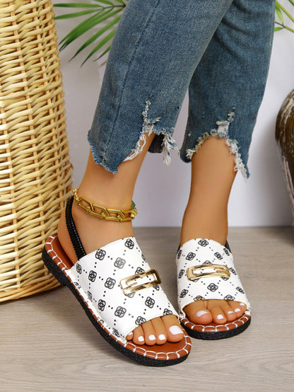 Women's Denim Flat Sandals, Elastic Back Strap with Gold Buckle, Casual Summer Slip-On Sandals