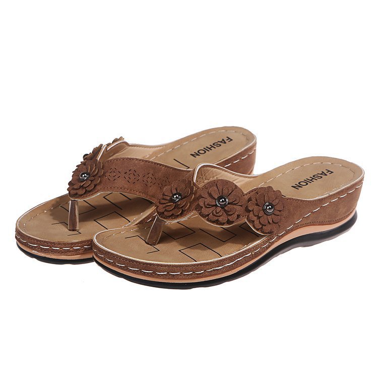 Women's Pink Floral Wedge Flip Flops, Bohemian 3D Flower Comfort Low Wedge Sandals, Casual Summer Beach Slides