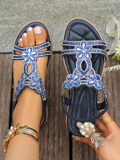 Women's Rhinestone Flower Flat Sandals, Elastic Back Strap Bohemian Summer Sandals Multi-Color Sparkly Open-Toe Shoes