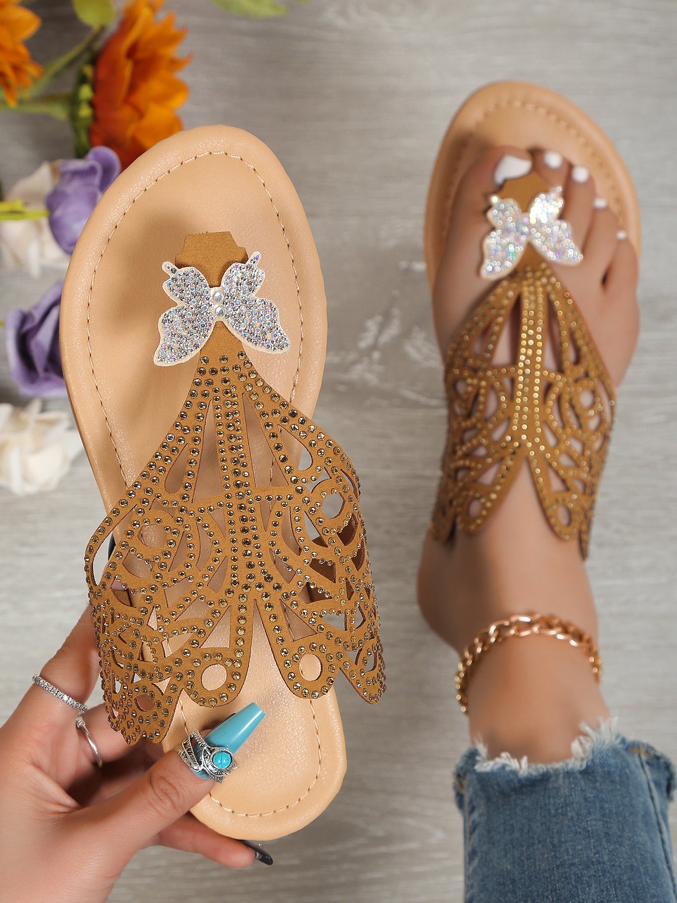 Women's Rhinestone Embellished Butterfly Flat Sandals