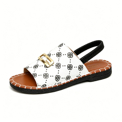 Women's Denim Flat Sandals, Elastic Back Strap with Gold Buckle, Casual Summer Slip-On Sandals