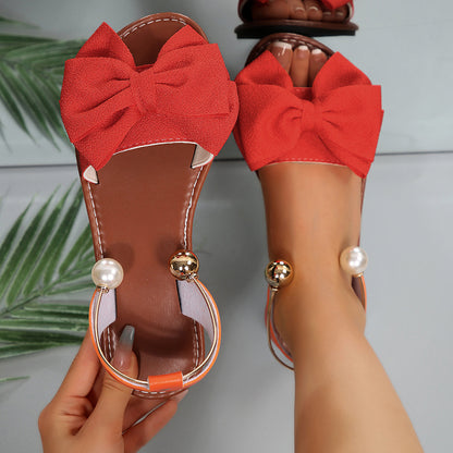 Women's Summer New Style Metal Buckle Single-Strap Flat Sandals with Bowknot and Pearl Versatile Casual Beach Sandals