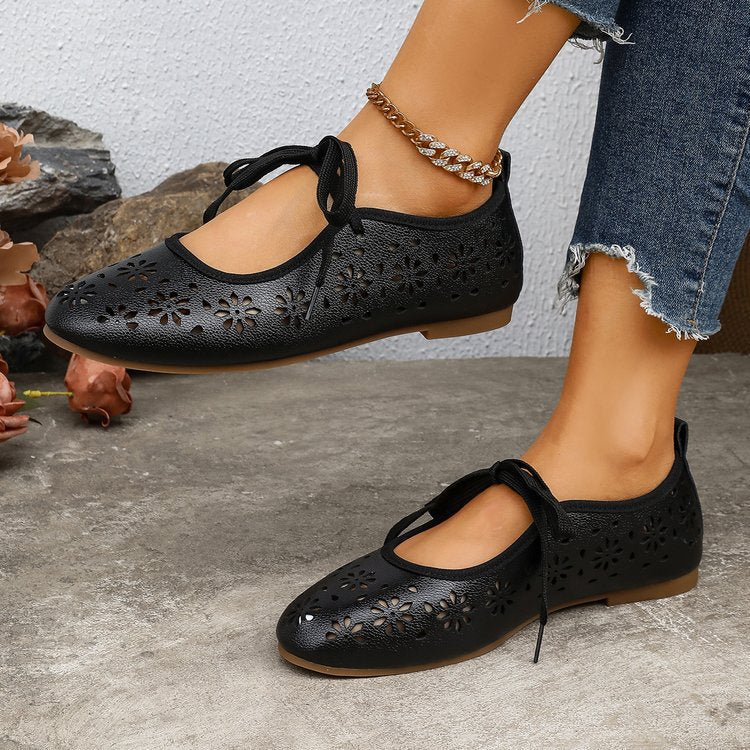 Ladies Breathable Perforated Floral Flat Shoes Casual Walking Daily Footwear