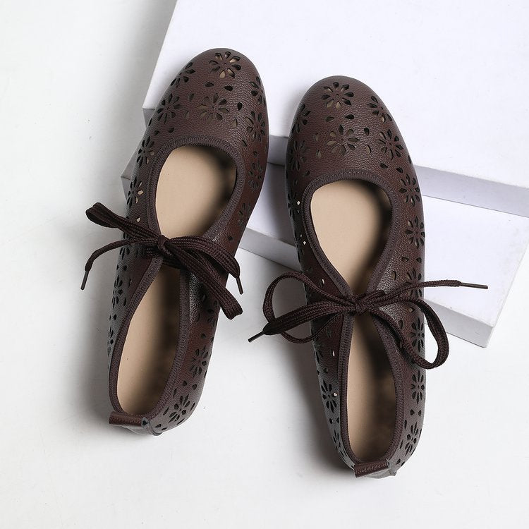 Ladies Breathable Perforated Floral Flat Shoes Casual Walking Daily Footwear