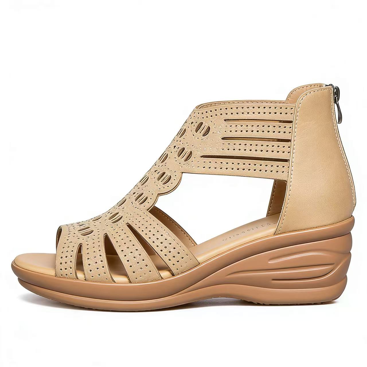 2026 Summer New Roman Style Rhinestone Peep-toe Wedge Heel Sandals for Middle-aged Women