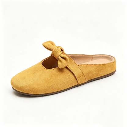 Sweet Bow Suede Backless Mules | Minimalist Round Toe Flat Slides for Summer