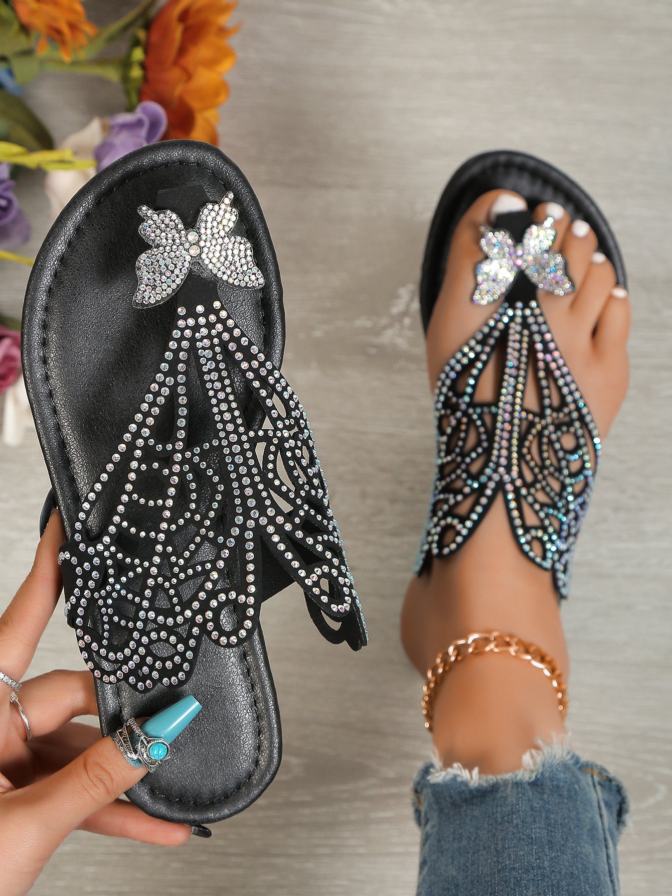 Women's Rhinestone Embellished Butterfly Flat Sandals