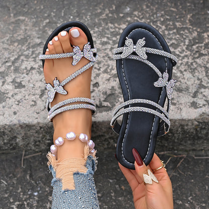 Women's Rhinestone Butterfly Slide Sandals, Shiny Crystal Flat Slippers, Glamorous Summer Open-Toe Sandals