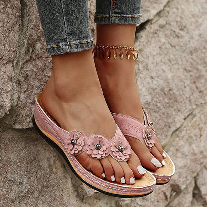 Women's Pink Floral Wedge Flip Flops, Bohemian 3D Flower Comfort Low Wedge Sandals, Casual Summer Beach Slides
