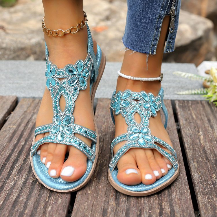 Women's Rhinestone Flower Flat Sandals, Elastic Back Strap Bohemian Summer Sandals Multi-Color Sparkly Open-Toe Shoes