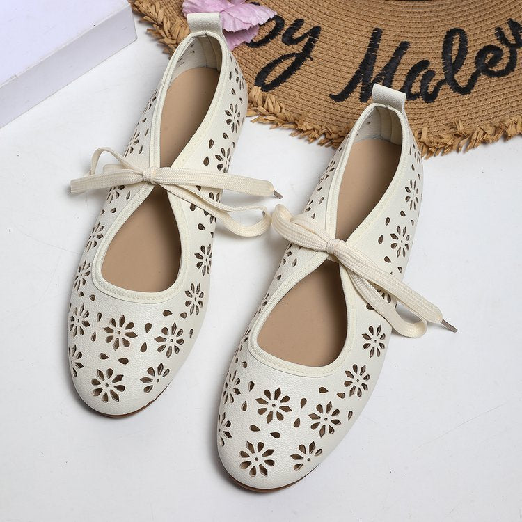 Ladies Breathable Perforated Floral Flat Shoes Casual Walking Daily Footwear