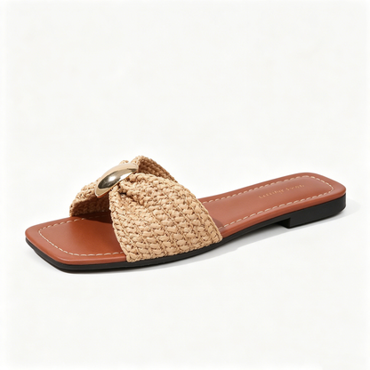 🔥 SUMMER SALE 🔥 Women's Raffia Woven Slide Sandals, Boho Gold Accent Flat Slippers | Beach-Ready Must-Have! ☀️